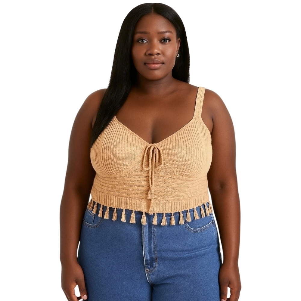 Tan Knit Tassel Crop Top XXL Boho Y2K Festival Sweater Tank NWT